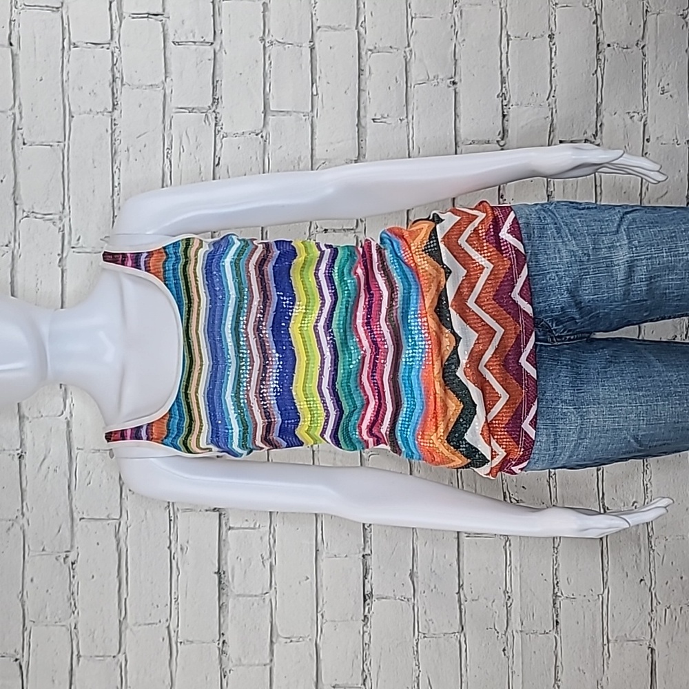 Lily & Lola Rainbow Zig Zag/Chevron Sequin Scoop Dress Tank/Blouse Cream/Multi